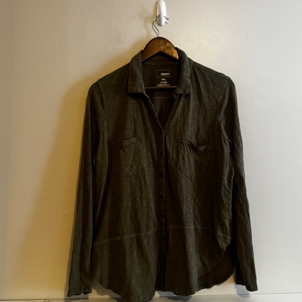 Sonoma Women's PXL Olive Green Button Down Shirt Long Sleeve 100% Cotton